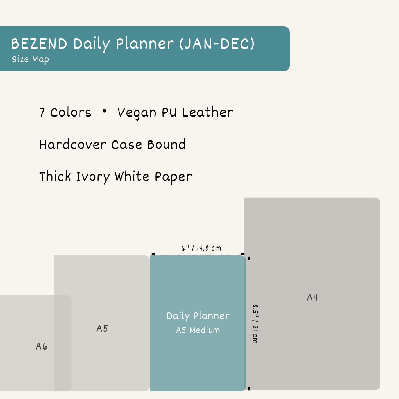 BEZEND Daily Planner 2026 (6" x 8.5") Full Page per Day Even Weekend (Jan-Dec) Monthly Calendar with Tabs, 2 Columns for Dual Schedule with Note, Vegan Leather Hardcover in Fruit Green