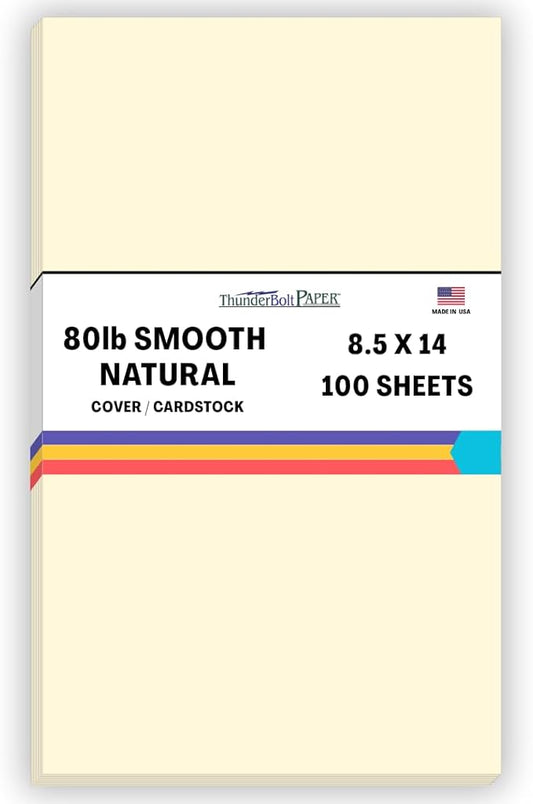100 Natural Smooth Card Stock Sheets Paper - 8.5 X 14 Inches Legal|Menu Size - 80# (80 lb/Pound) Cover Weight - Quality Paper - Smooth Finish