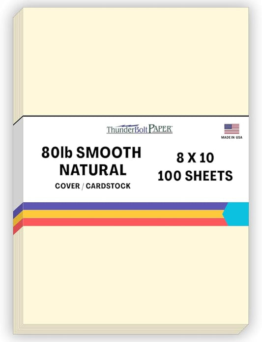 100 Natural Smooth Card Stock Sheets Paper - 8 X 10 Inches Photo|Picture-Frame Size - 80# (80 lb/Pound) Cover Weight - Quality Paper - Smooth Finish