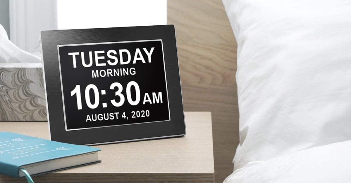 American Lifetime Large Digital Wall Clock for Seniors, Black Polished, 8-Inch High Resolution Display, Easy to Read, Customizable Alarms, Auto-Dimming, Multi-Language Support, Battery Backup