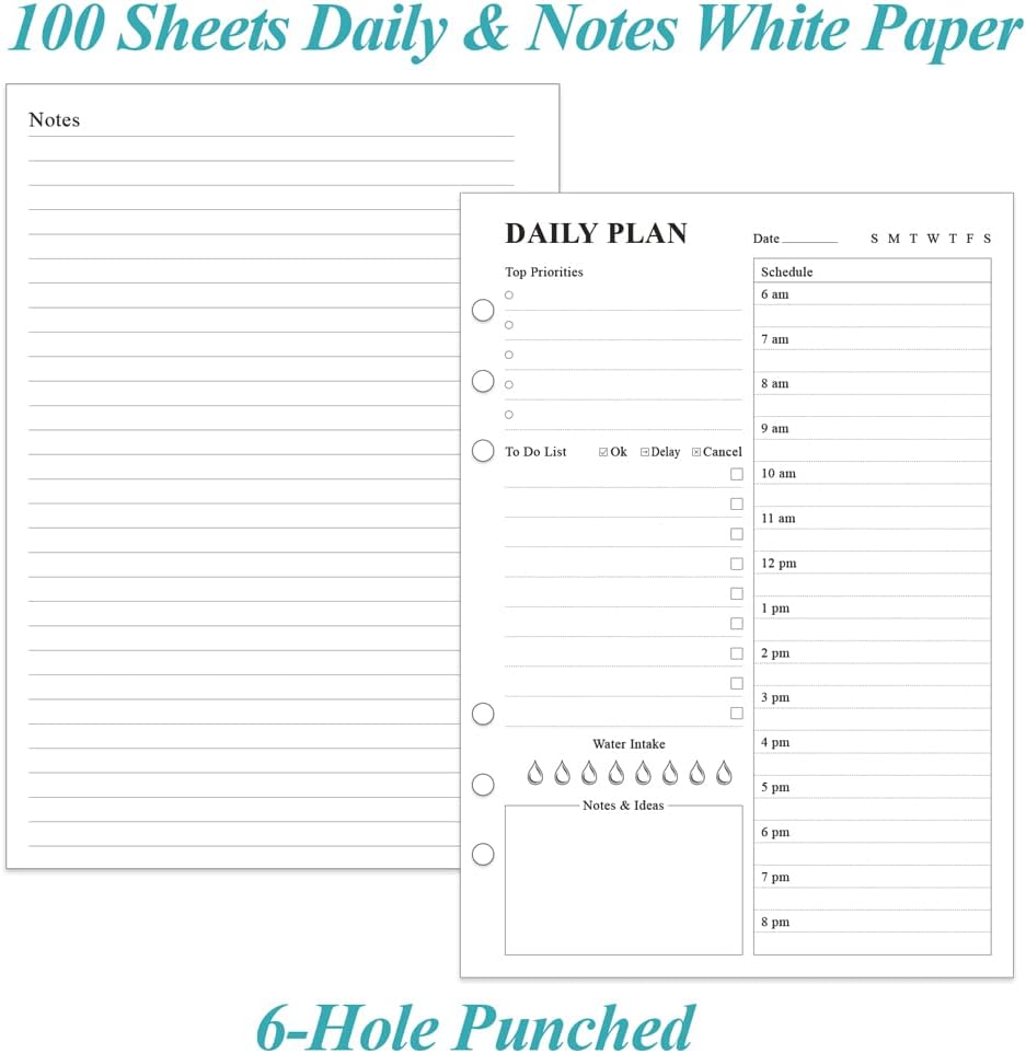 6-Hole Punched To Do List Insert - Undated Daily Planner Refill for A5 Binder,100 Sheets/200 Pages Planner and Lined Refill, 100 gsm White Paper, 5.8'' x 8.3''