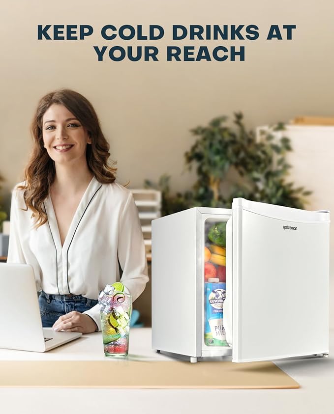 Upstreman 1.7 Cu.ft Mini Fridge with Freezer, Dorm Essentials, Adjustable Thermostat, Energy Saving, Low Noise, Single Door Compact Refrigerator for Dorm, Office, Bedroom, White-FR17