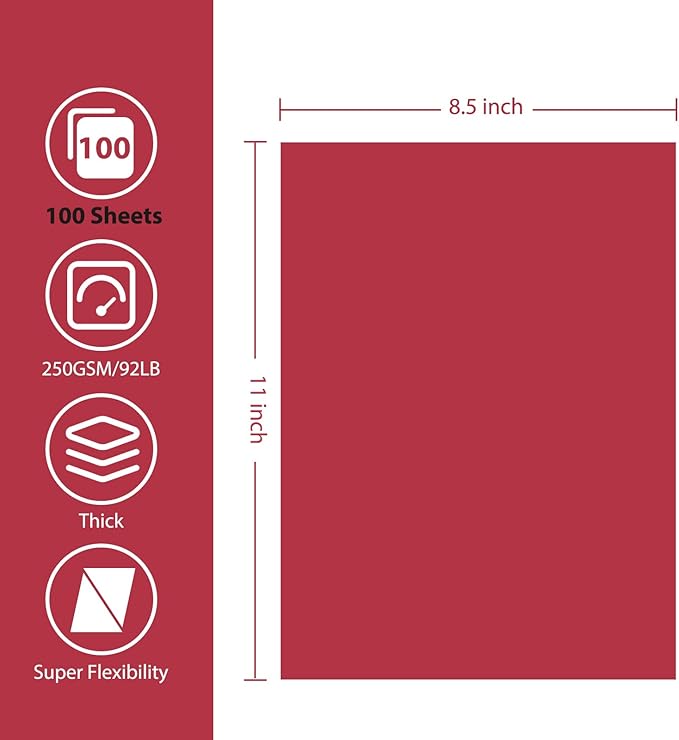OcePor 100 Sheets Valentine's Day Red Cardstock Paper, Colored Printer Paper 8.5 x 11, Card Stock Thick Construction for Craft,Scrapbook,Office Printing, Invitations, Certificates,92 lb/250gsm