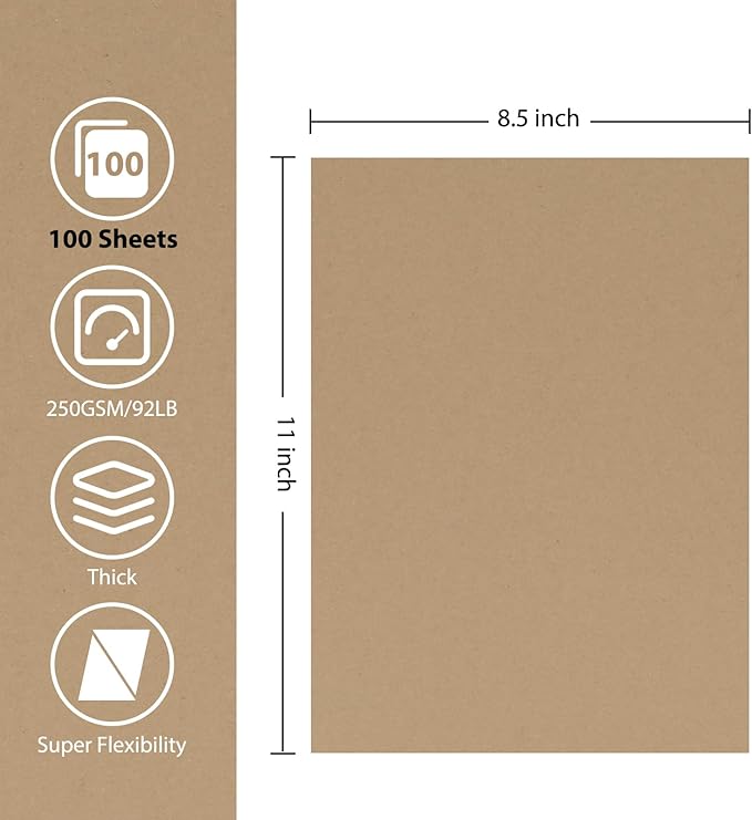OcePor 100 Sheets Brown Cardstock Paper, Colored Printer Paper 8.5 x 11, Card Stock Thick Construction for Craft,Scrapbook,Office Printing, Invitations, Certificates,92 lb/250gsm