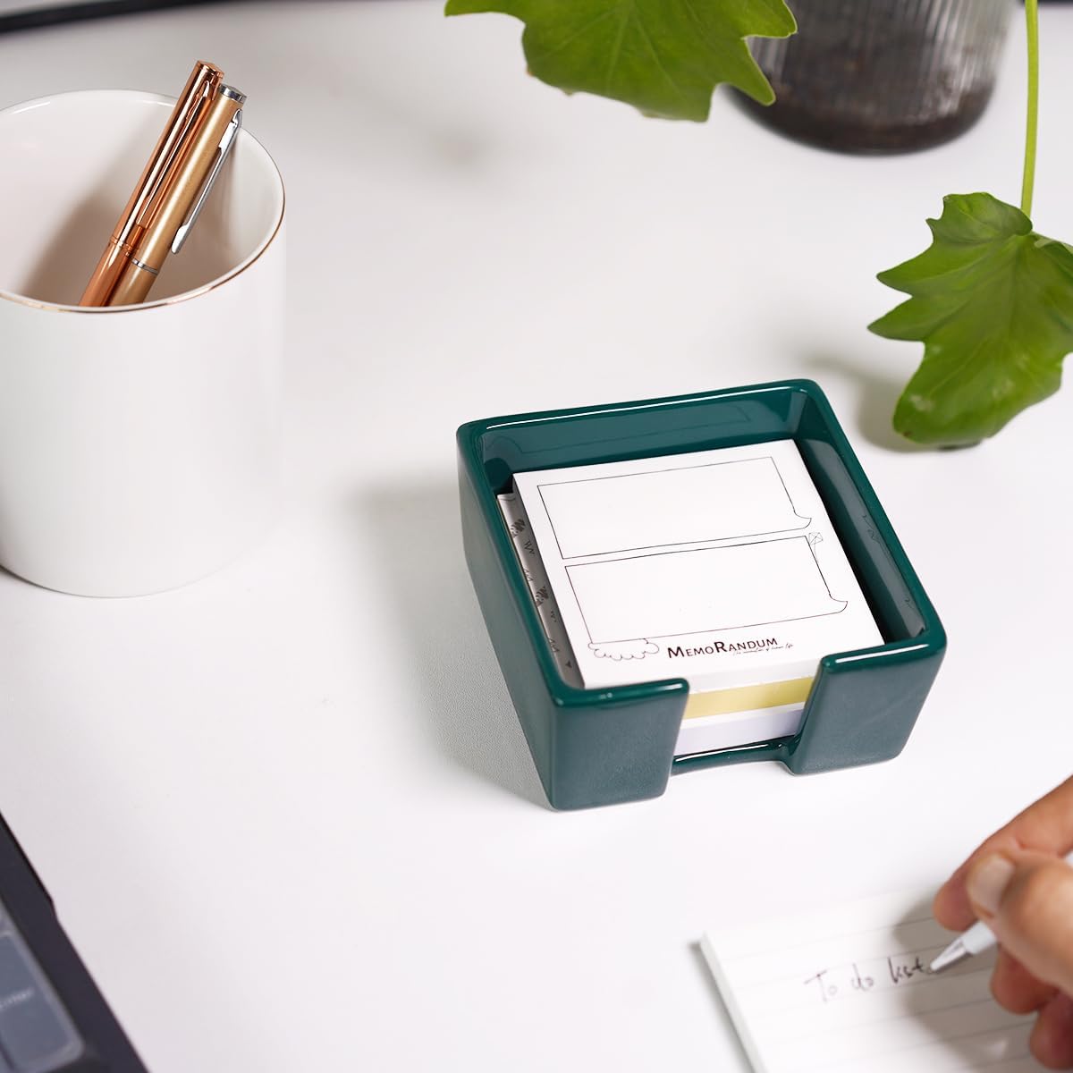 Ceramic Sticky Note Holder, 3 x 3" Sticky Note Dispenser, Notepad Holder for Desk, Office Essentials Organizer (Green)