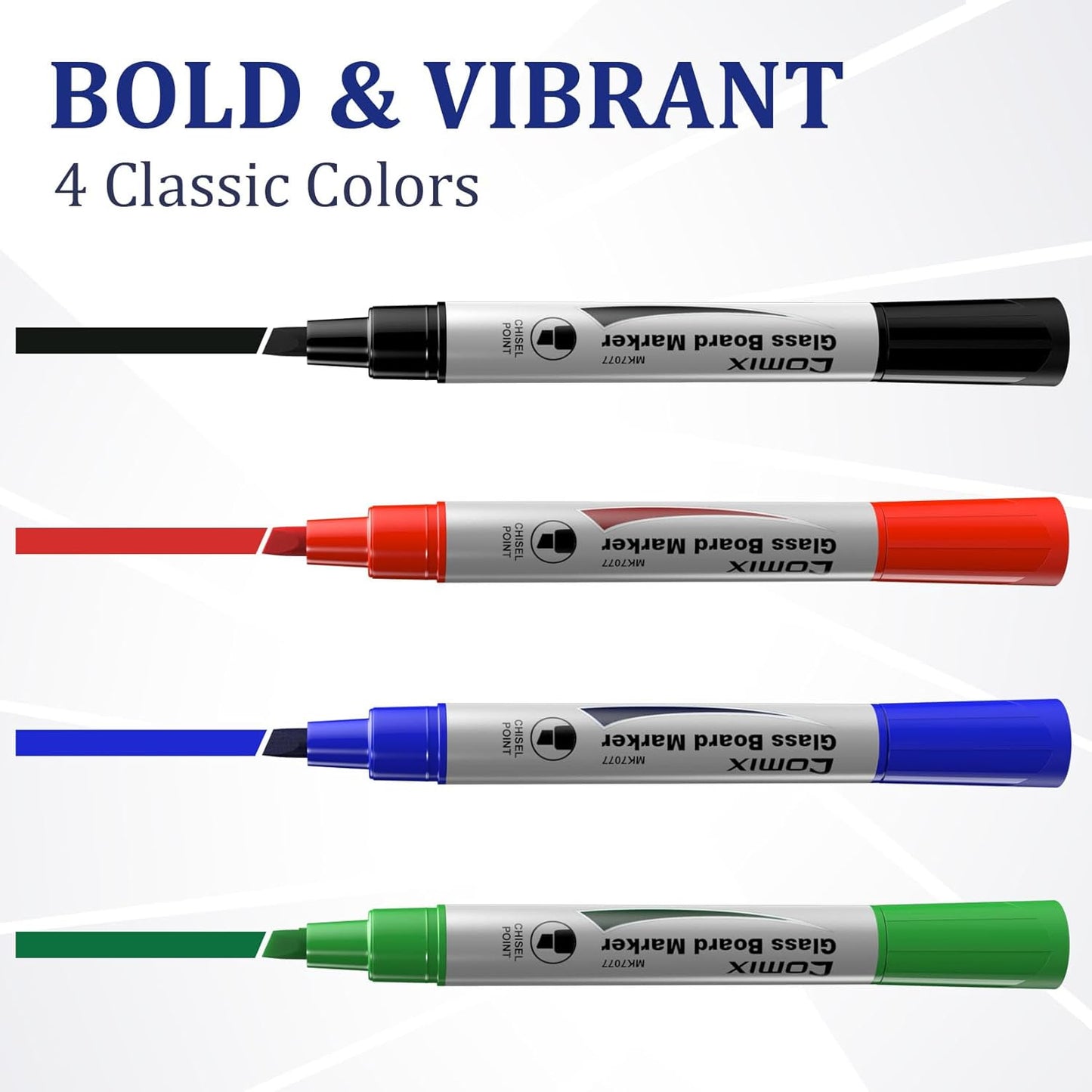 Comix Glass Board Dry Erase Markers, Low Odor Whiteboard Markers, Chisel Tip, 4 Assorted Colors, 12 Pack