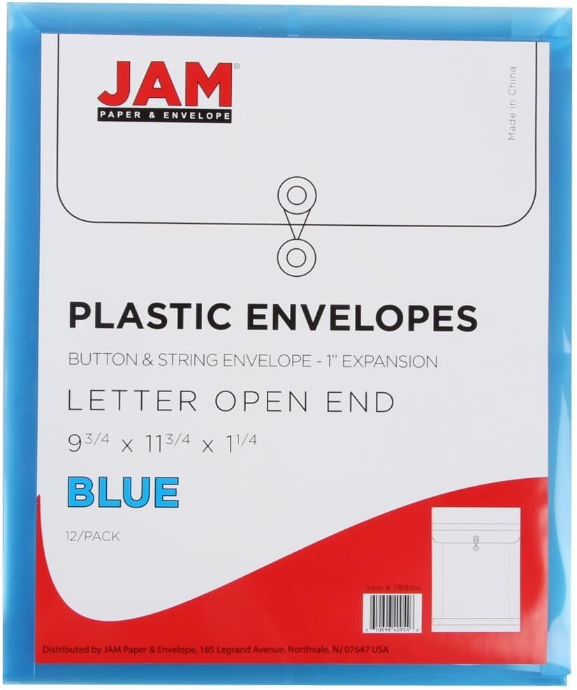 JAM PAPER Plastic Envelopes with Button & String Tie Closure - Letter Open End - 9 3/4 x 11 3/4 - Blue - 12/Pack