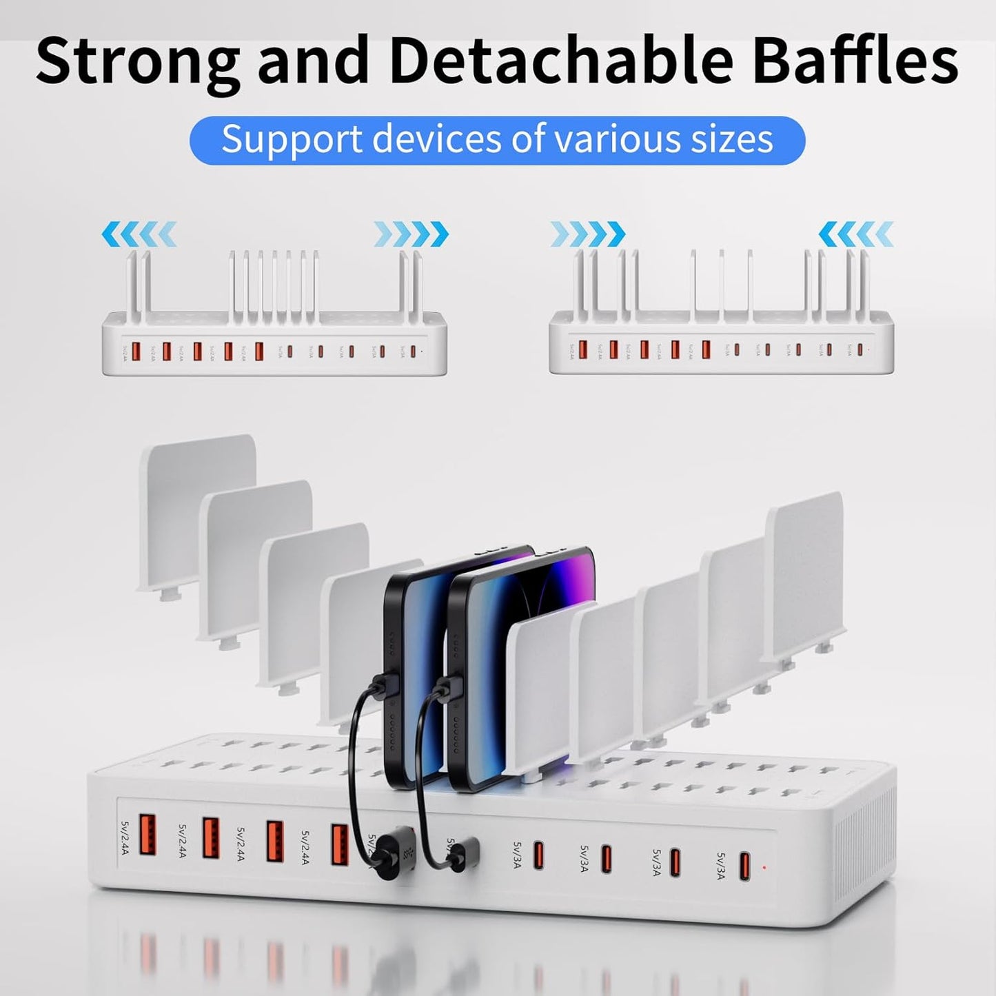 60W Charging Station for Multiple Devices, 10-Port USB Fast Charging Station with Adjustable Dividers - Device Organizer Charging Dock for iPhone, Android, iPad, Tablets & More