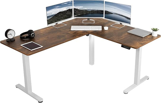 VIVO Electric Corner L-Shaped 63 x 55 in Rustic Standing Desk, Memory Height Adjustment, Vintage Brown Top White Frame, DESK-E3CTWN