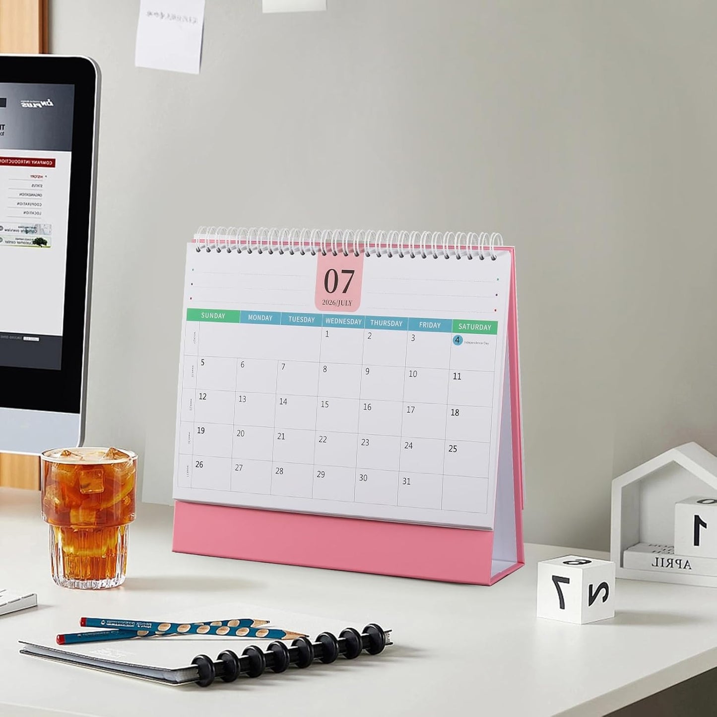 Desk Calendar 2026-2027, 2 Years Calendar Runs from Jan. 2026 until Dec 2027, Table Monthly Planner with Stickers for Home,Office,School Organization(L-Pink+White,9.8" x 9.6")