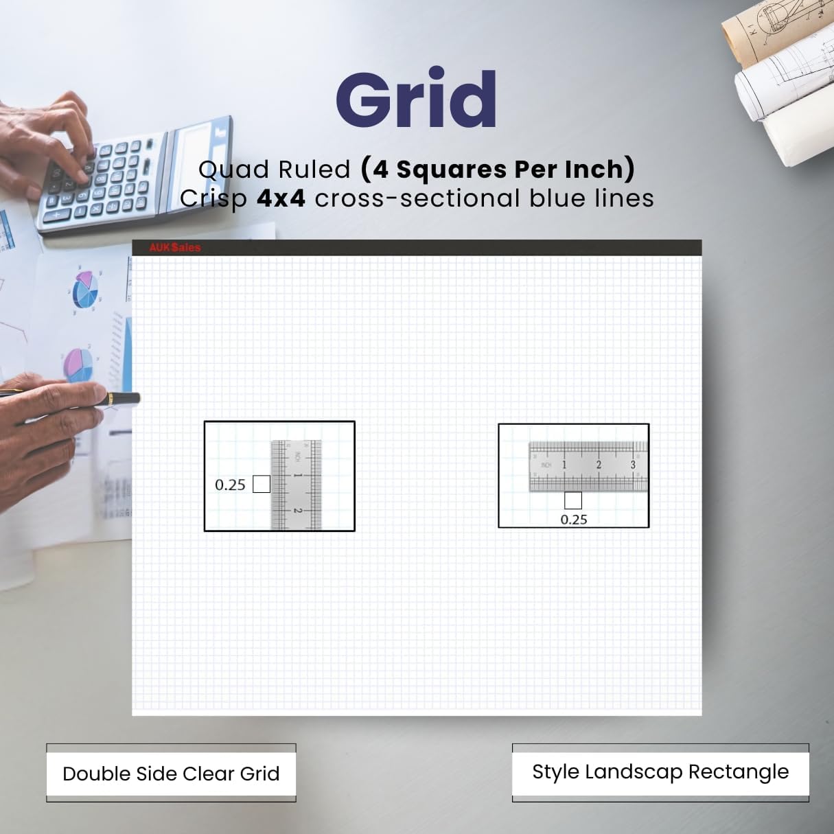 Graph Paper Pad 22"x17", 50 Sheets, Double Sided, 1/4 Inch Grid, 80 GSM, Engineering Drafting Paper for Designers, Blueprint Sketching, Grid-Based Graphing for Architecture, School, Office