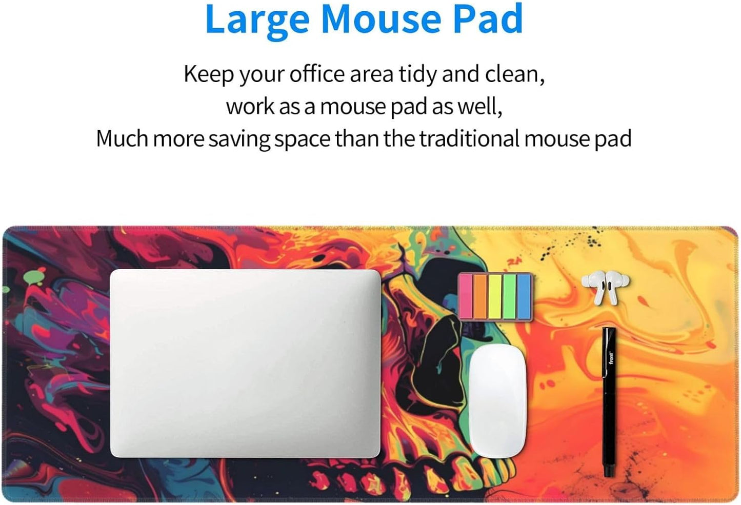 Gaming Mouse Pad Desk Pad,Extended Big Mouse Pad,31.5x11.8 Inch Long Computer Keyboard Mouse Mat Mousepad with 3mm Non-Slip Base and Stitched Edge for Gaming and Office⦠(Watercolor Skull)