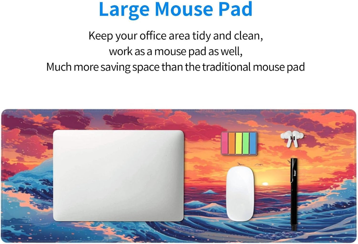 Gaming Mouse Pad Desk Pad,Extended Big Mouse Pad,31.5x11.8 Inch Long Computer Keyboard Mouse Mat Mousepad with 3mm Non-Slip Base and Stitched Edge for Gaming and Office⦠(Sunset Wave)