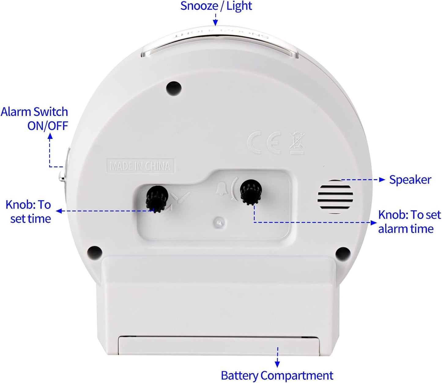 4.3" No Ticking Analog Alarm Clock,Silent Readable for Seniors,Easy to Set,Gradual Rise Alarm,Big Numbers,On/Off Switch on Side,Gentle Wake,Snooze,Lighted on Demand,Battery Operated,White