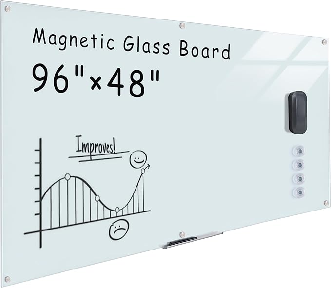 Magnetic Glass Whiteboard,96"x48" Wall Mounted Frameless Dry Erase Board for Office, Home & School White