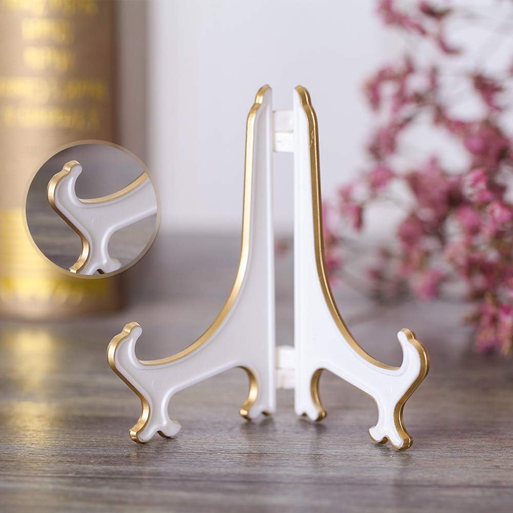 Artliving 4" White Gold Decorative Small Plate Stand Holder Plastic Picture Easel Display Stand Picture Frame Stand (2 Pack)