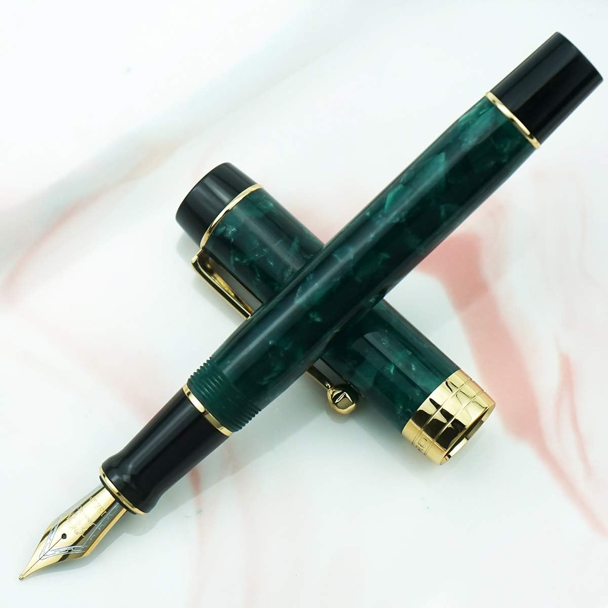Jinhao 100 Fountain Pen Celluloid Classic Style, #6 Nib Smooth Writing Instrument with Refillable Converter and Pen Case Set