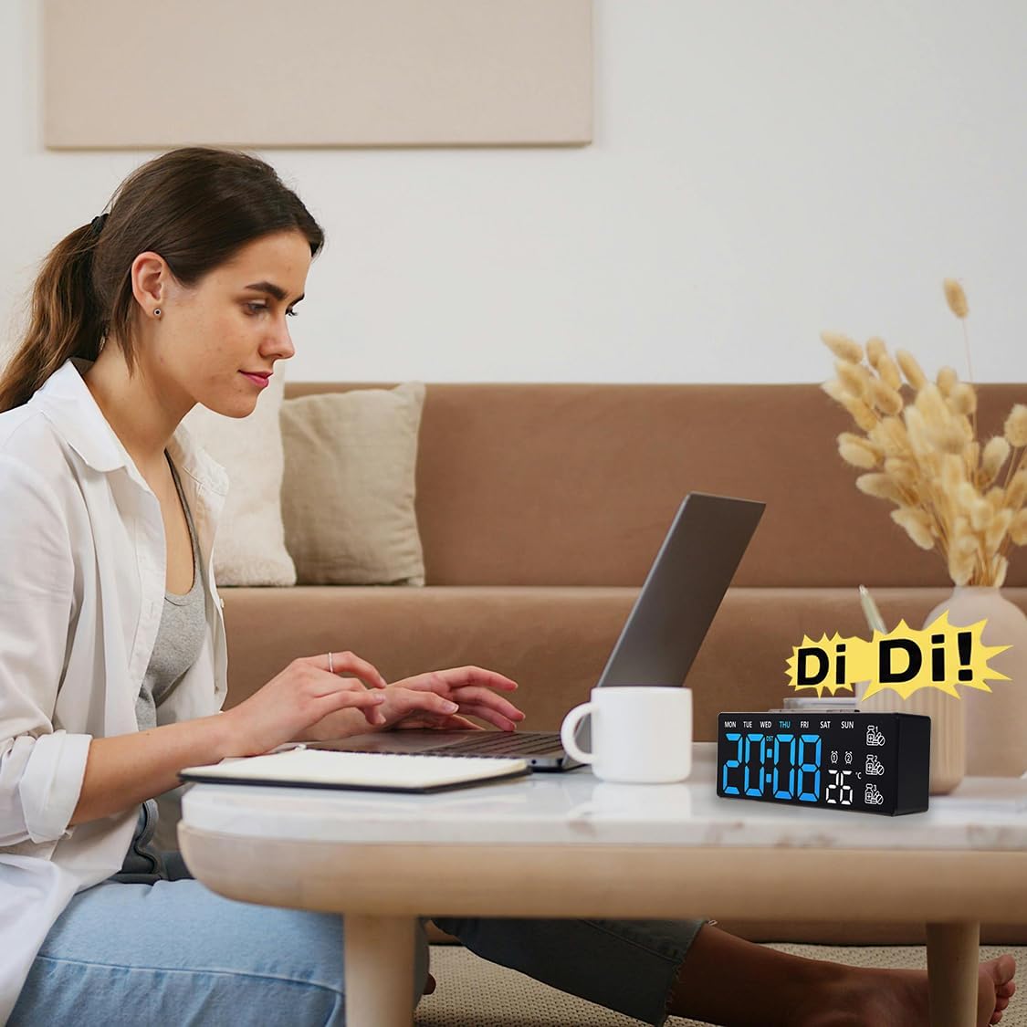 8 Inch LED Digital Desk Clock with Medication Reminders – Large Display with Time, Date, Day, Temperature, Triple Pill Alerts, Dual Alarm, Silent Clock for Home and Office,Blue