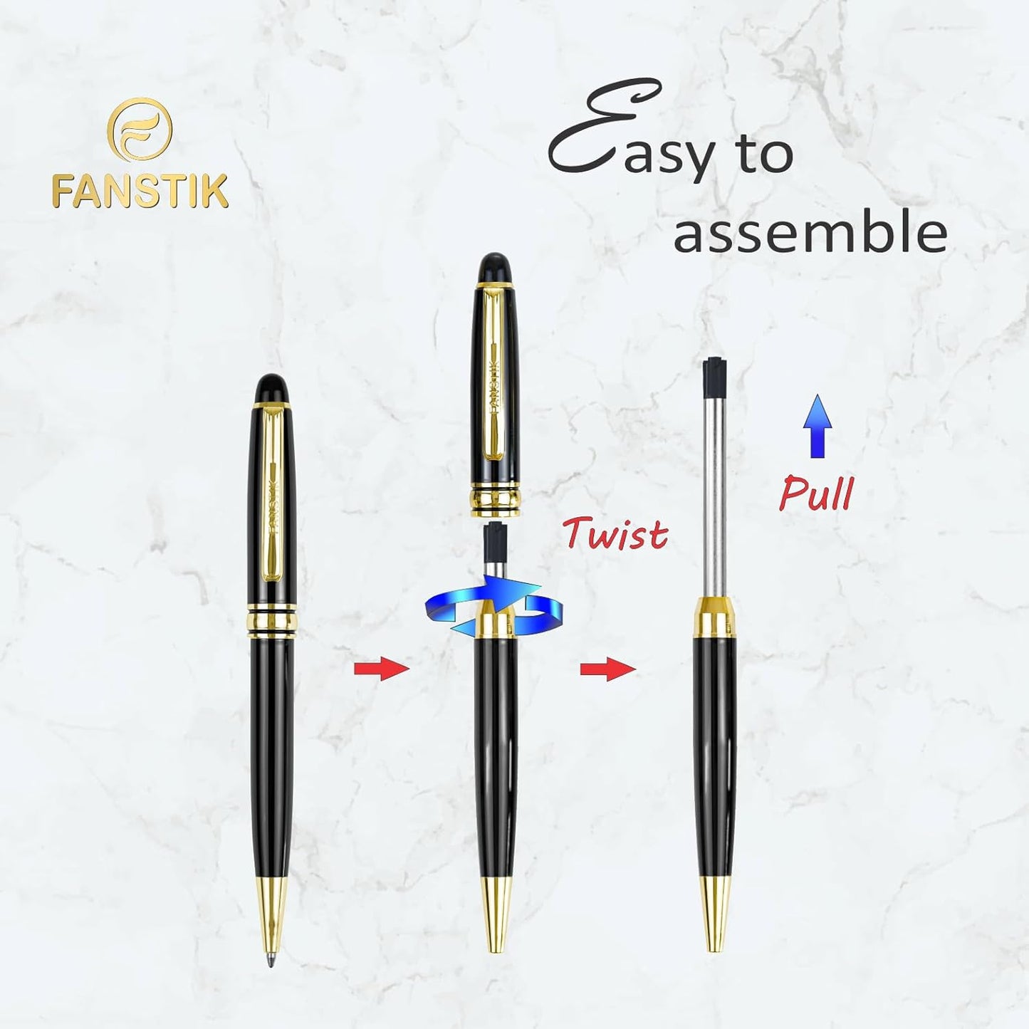 Customized BallPoint pen with name (MADE IN USA), stainless steel, black and gold, luxury engraved pen personalized for men and for women. (BallPoint Black-Gold)