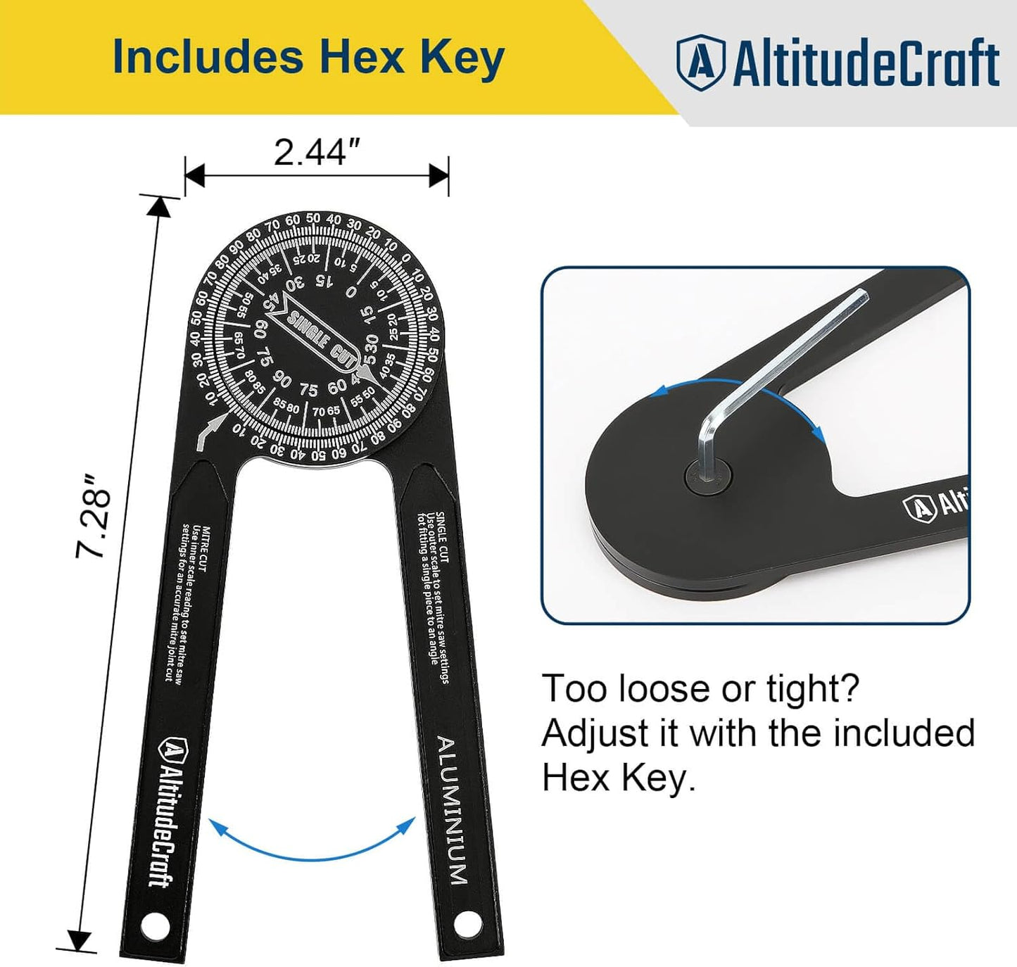 Precision Aluminum Miter Saw Protractor | 7.28-Inch Rust-Resistant Angle Finder with 360° Rotation & Laser-Engraved Scales for Accurate Miter Cuts