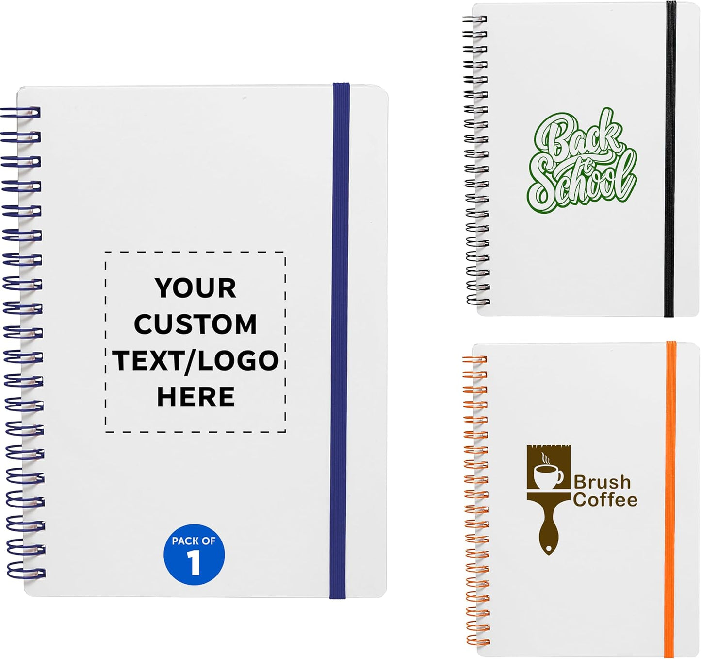 DISCOUNT PROMOS 1 White Spiral Notebooks with Elastic Band Pack - Customizable Text, Logo - 80 lined pages, Recycled - Blue