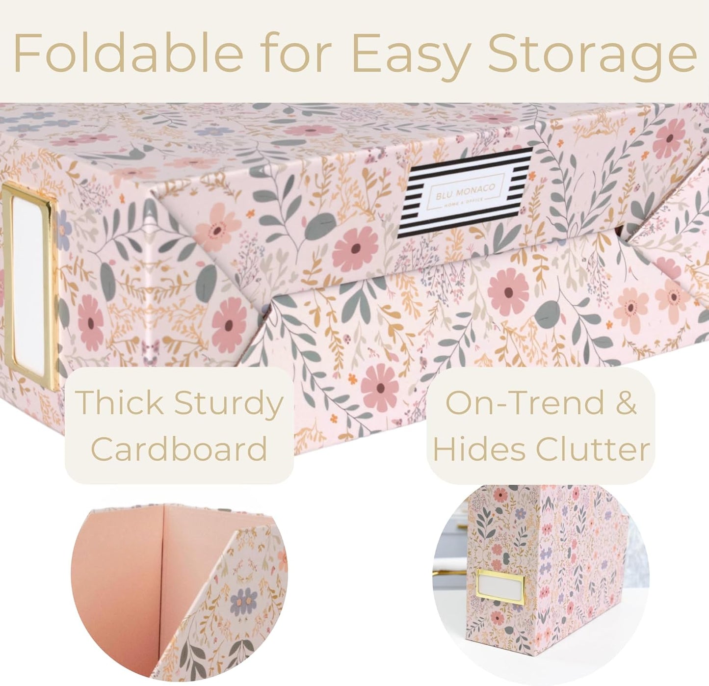 BLU MONACO Foldable Magazine File Set of 4 with Floral Boho Design – Decorative Cardboard Magazine Organizer for Home, Office & Dorm Room – Artistic Magazine Storage Solution