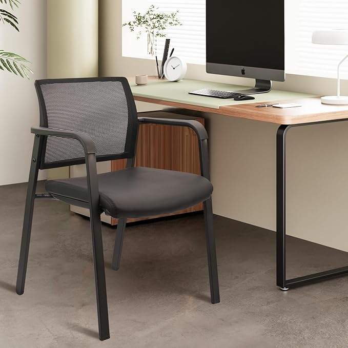 CLATINA Stackable Office Chair, Mesh Back Guest Chairs with Comfortable Leather Seat Arms Stacking Ergonomic Desk Chair No Wheels for Conference Waiting Reception School Stationary, Black, Set of 4