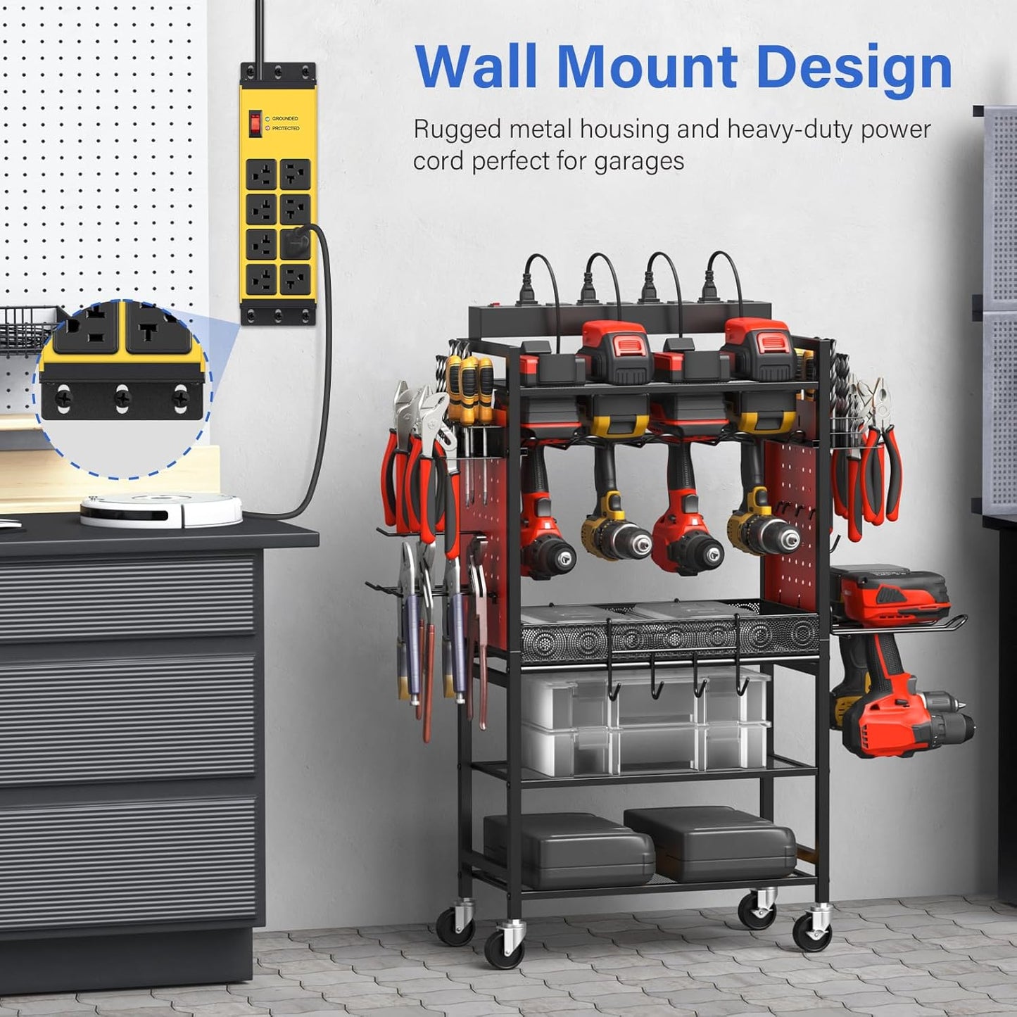 CCCEI Magnetic Heavy Duty Power Strip Surge Protector 20Amp, 12 Gauge High Amp Extension Outlets, Garage Wall Mount 8 Plug Metal Power Strip. 10FT, Yellow, 5-15P Adapter 6-20R T-Slot 20a for Appliance