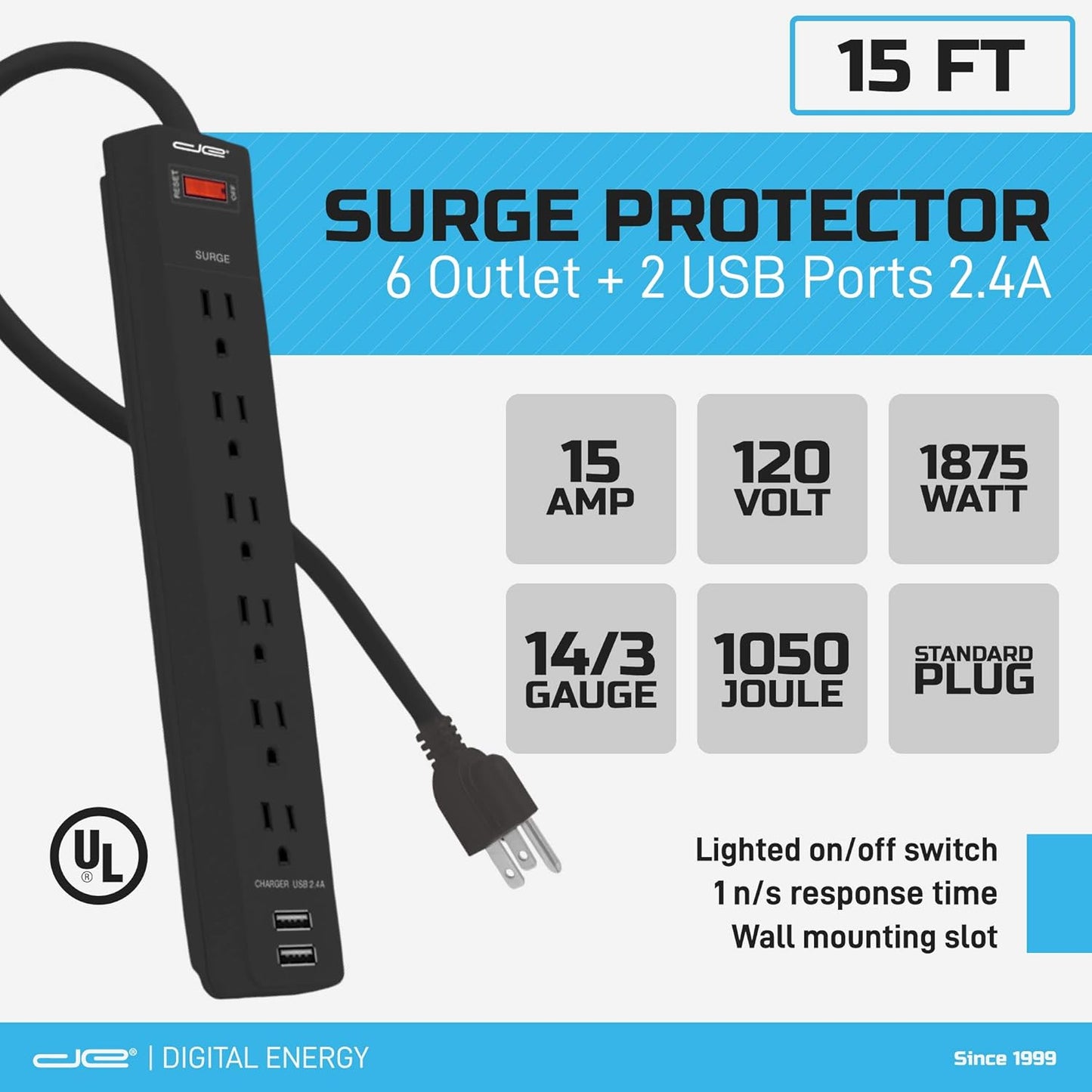 Digital Energy 6-Outlet + 2 USB 1050 Joule Surge Protector Power Strip with 15-Ft Long Extension Cord, Black, UL Listed