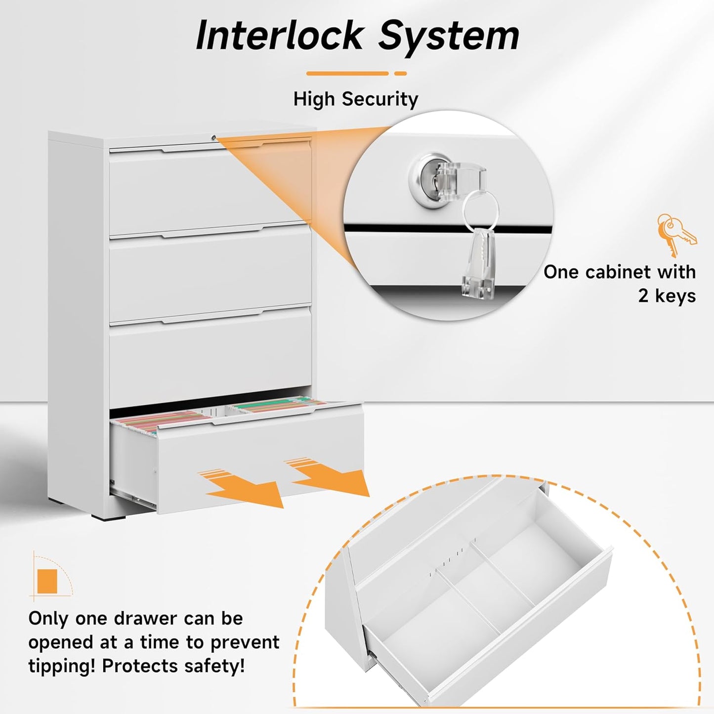 Bestoo 4 Drawer Lateral File Cabinet, Metal Lateral Filing Cabinet with Lock for Hanging Files Letter/Legal/F4/A4 Size, Easy Assemble White