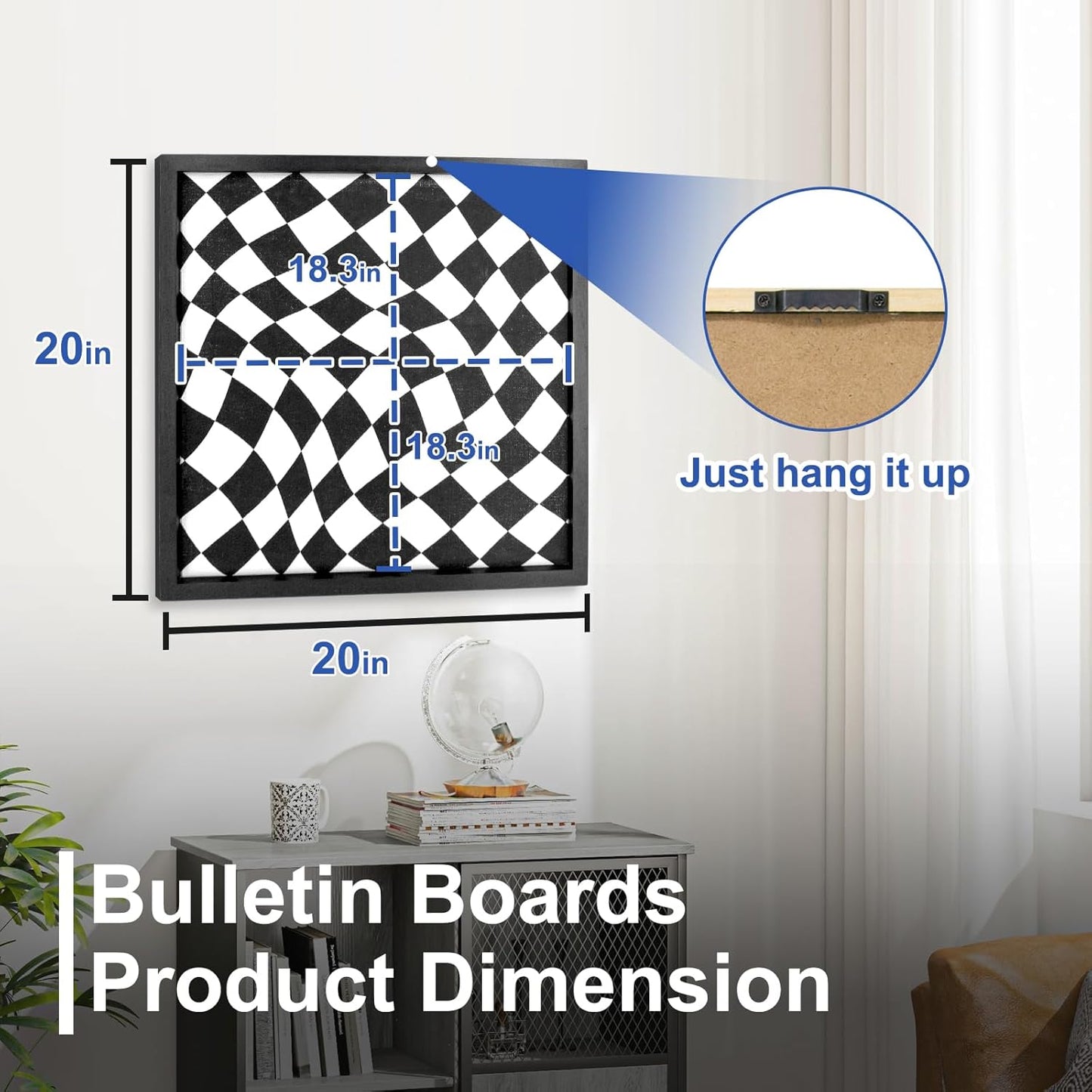 Cork Bulletin Board with Decorative Black and White Linen – 20x20 Inch Square Pin Board for Walls, Girls Vision Board for Organizing Notes, Photos & Reminders, Perfect for Office & Home