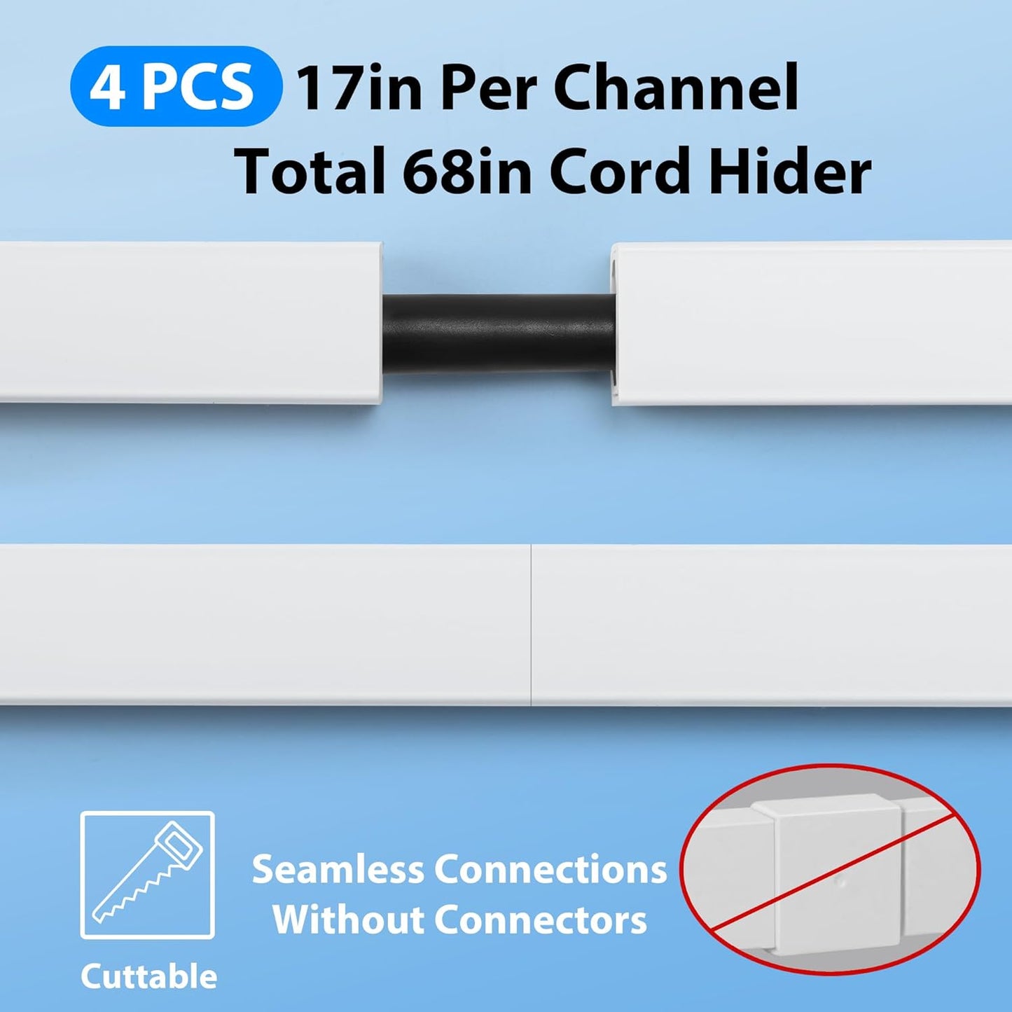 Cord Hider Wall for One Cord 136in, ZhiYo Cord Covers for Wires on Wall, Easy Install Cable Cover Wall, Black Cable Raceway Hide Cords, Cable Hider Cord Management Wall, 8X L17in, W0.6in H0.4in