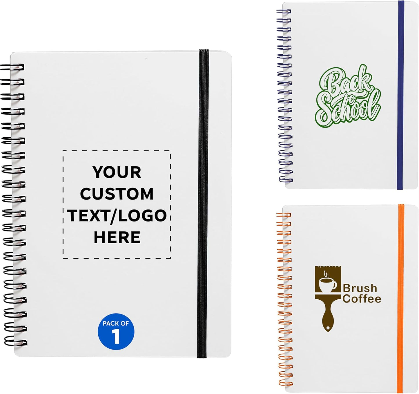 DISCOUNT PROMOS 1 White Spiral Notebooks with Elastic Band Pack - Customizable Text, Logo - 80 lined pages, Recycled - Black