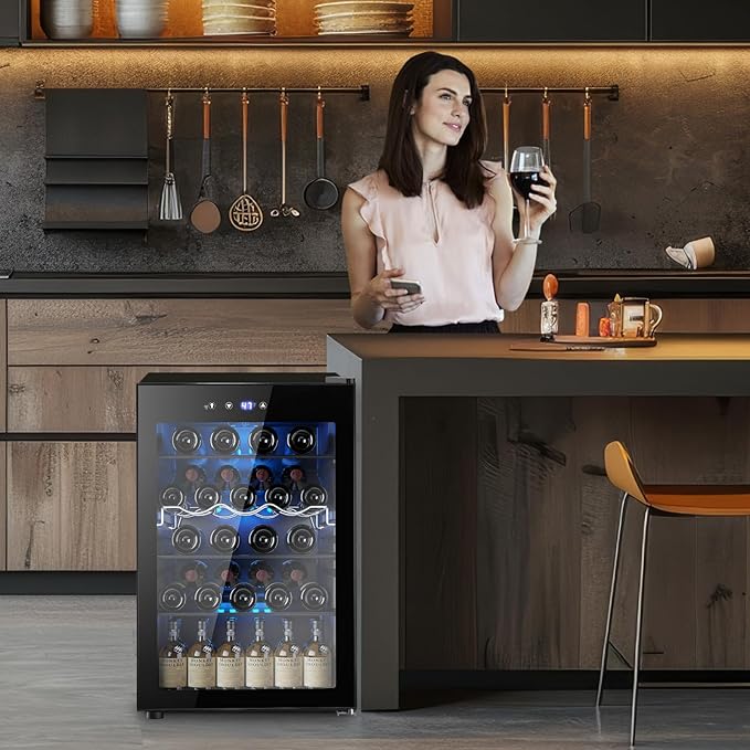 37 Bottle Wine Fridge,Freestanding 145 Can Beverage Refrigerator with Smart Temperature Control,4.5 CU FT Quiet Mini Fridge with Child Lock Panel for Family Restaurant Bar, Black