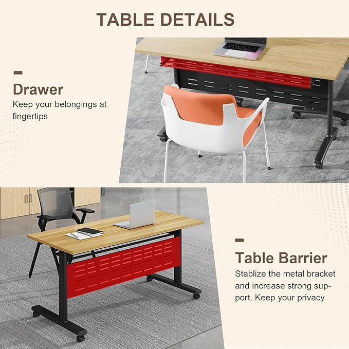 Folding Conference Room Table, Modern Conference Tables with Wheels, Large Rectangular Mobile Training Tables for Office Classroom, Foldable Modular Boardroom Seminar Table Maple (8pack L55.1in)