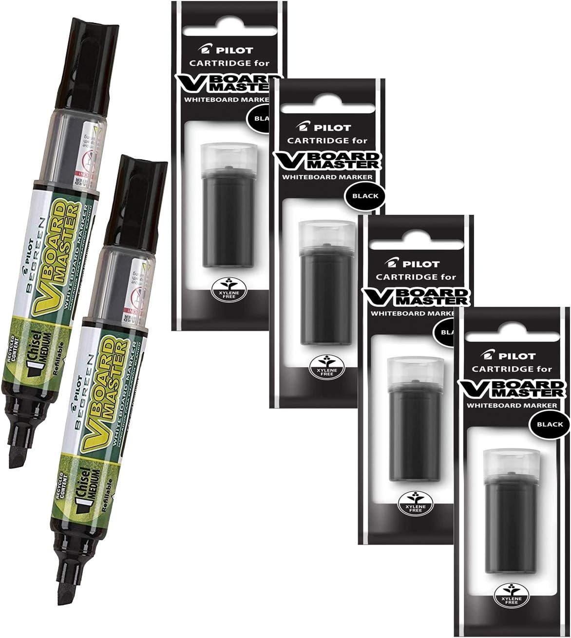 Refillable Dry Erase Markers, Pilot V Board Master, 2 Black Ink Chisel Tip Markers with 4 Refills, P1a439146p