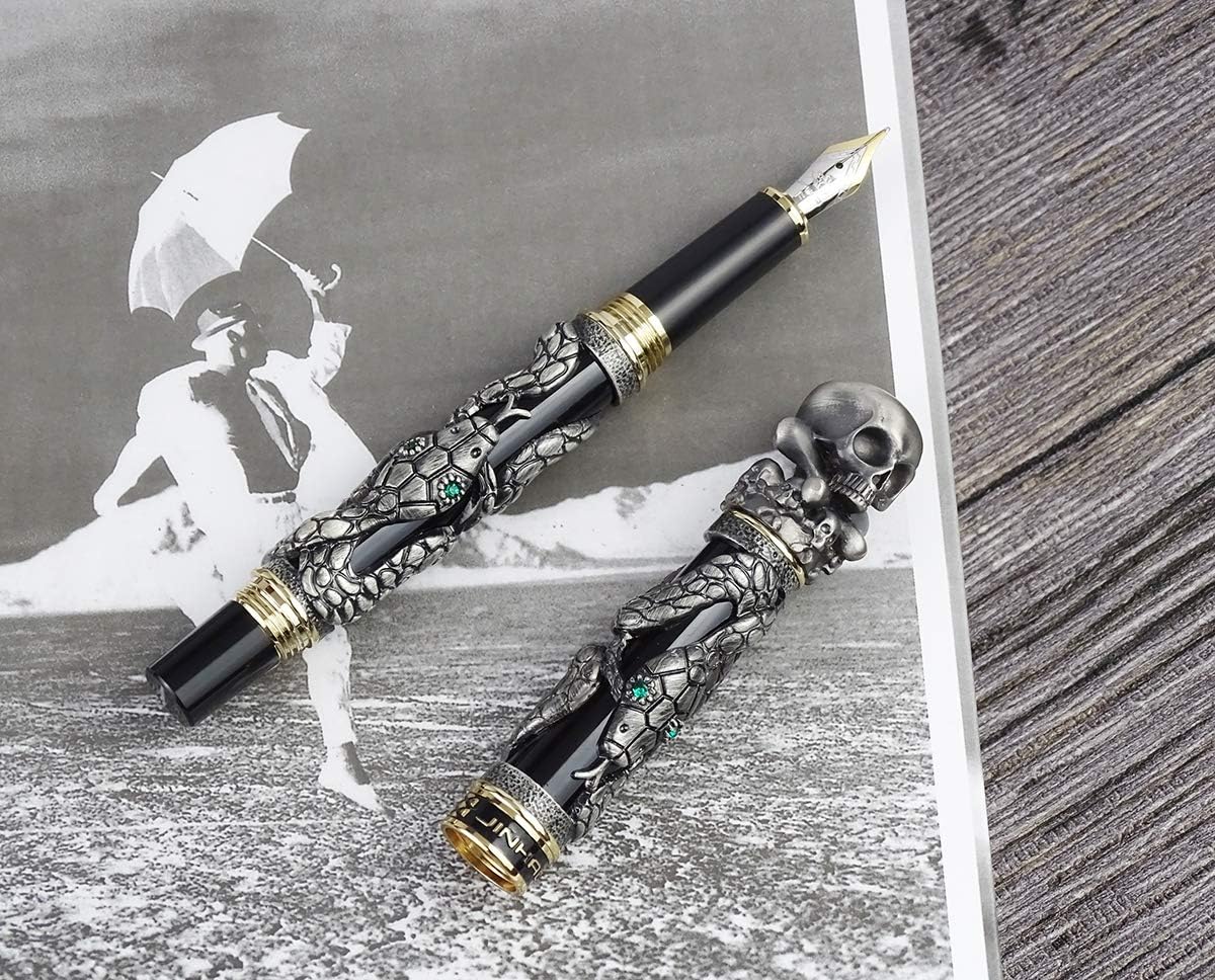 Jinhao Black Snake Fountain Pen Fine Nib with Skull Head Solid Metal