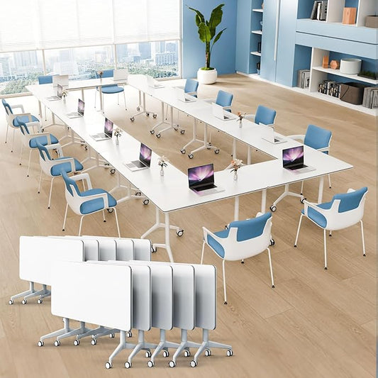 10Pack Folding Conference Room Table, Modern Conference Tables with Silent Wheels, Large Rectangular Mobile Training Tables for Office Classroom, Foldable Modular Seminar Table White (L63in)