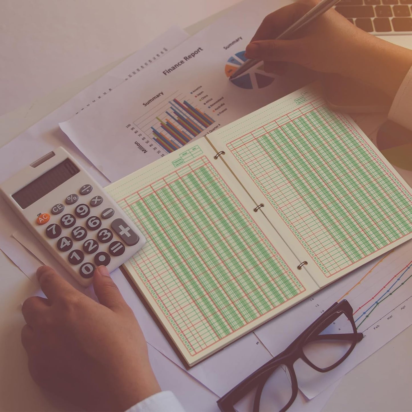 Fulmoon 5 Pack 250 Sheets Ledger Paper Accounting Columnar Pads 3 Hole Analysis Accounting Ledger Book for Business, 50 Sheets/Pack, Single Page Format, Green(8.5 x 11 Inch,6 Columnar)