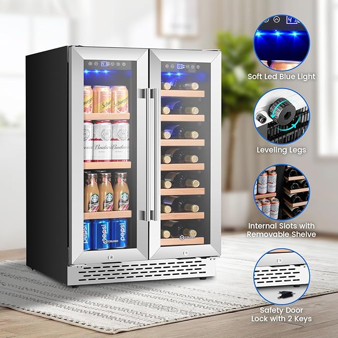 Wine and Beverage Refrigerator, 24 Inch Dual Zone Wine Cooler Refrigerator with Glass Door&Lock Quiet Compressor, Freestanding/Under Counter Beverage Fridge Holds 20 Bottles & 88 Cans for Office/Home