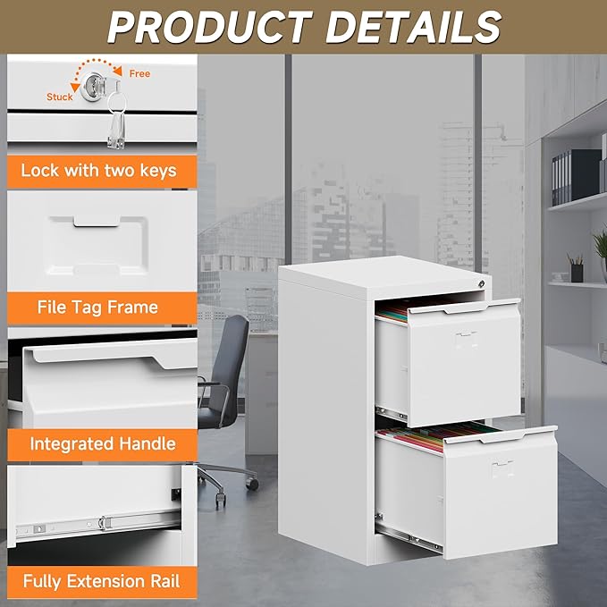 2 Drawer File Cabinet, Metal Vertical File Cabinets with Lock for Home Office, Locking File Cabinet Hanging Files for A4/ Legal/Letter, Assembly Required (White, 2 Drawer - 15" W)
