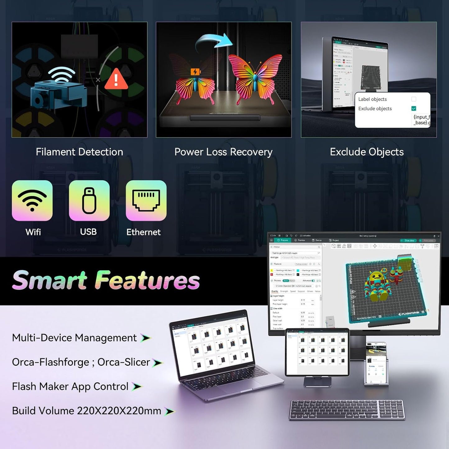 FLASHFORGE AD5X Multi-Color 3D Printer with IFS, 600mm/s High Speed, 300°C High Temp Direct Extruder, Fully Auto Leveling, All Metal CoreXY,4-Color Printing for PLA-CF,PETG-CF, 220x220x220mm