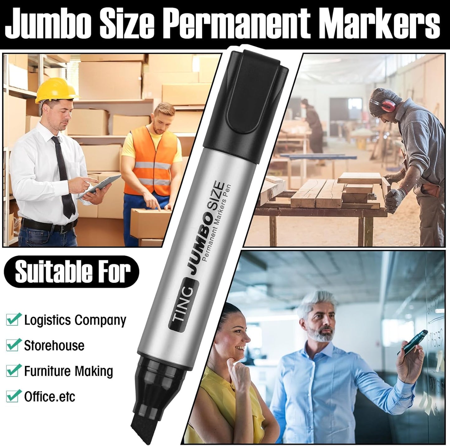 Fuutreo 16 Pcs Jumbo Size Permanent Markers Bulk Large Chisel Tip Permanent Markers Thick Waterproof Jumbo Pens Set Huge Poster Supplies(Black)