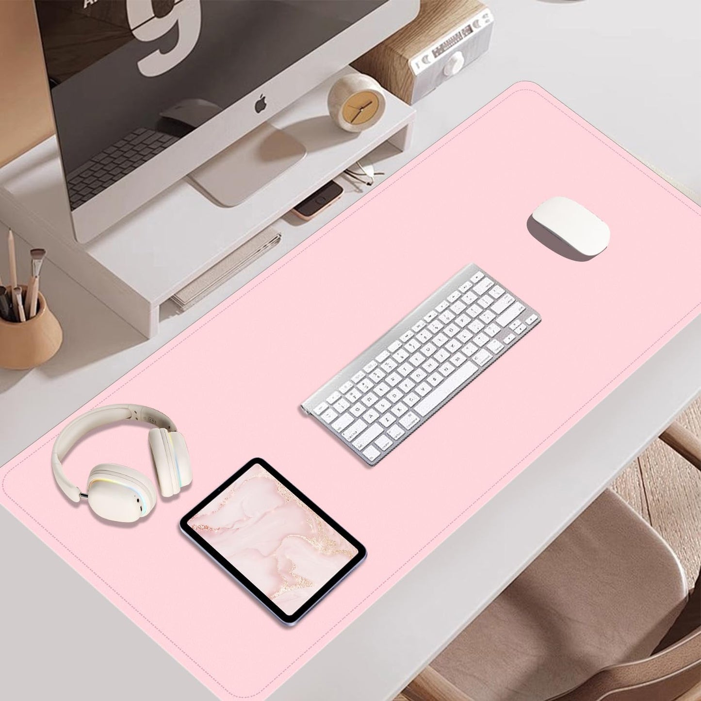 BLESWIN Large Desk Pad Mat 47.2"" x 17"", Office Desk Mat, Non-Slip PU Leather & Cork Desk Blotter for Keyboard and Mouse, Large Desk Mat, Large Mouse Pad for Office & Home(Pink)