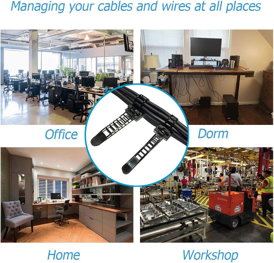 50pcs 2 Sizes Adjustable Adhesive Cable Ties Cable Clips Wire Strap Cord Clamp for Cable Management at Home and Office + 100pcs Nylon Zip Ties