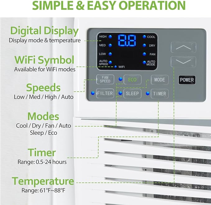 WiFi Enabled 12,000 BTU Window Air Conditioner, Smart Window AC Unit with Remote, Energy Saving AC with Washable Filter for Home, Cools up to 550 Sq. Ft