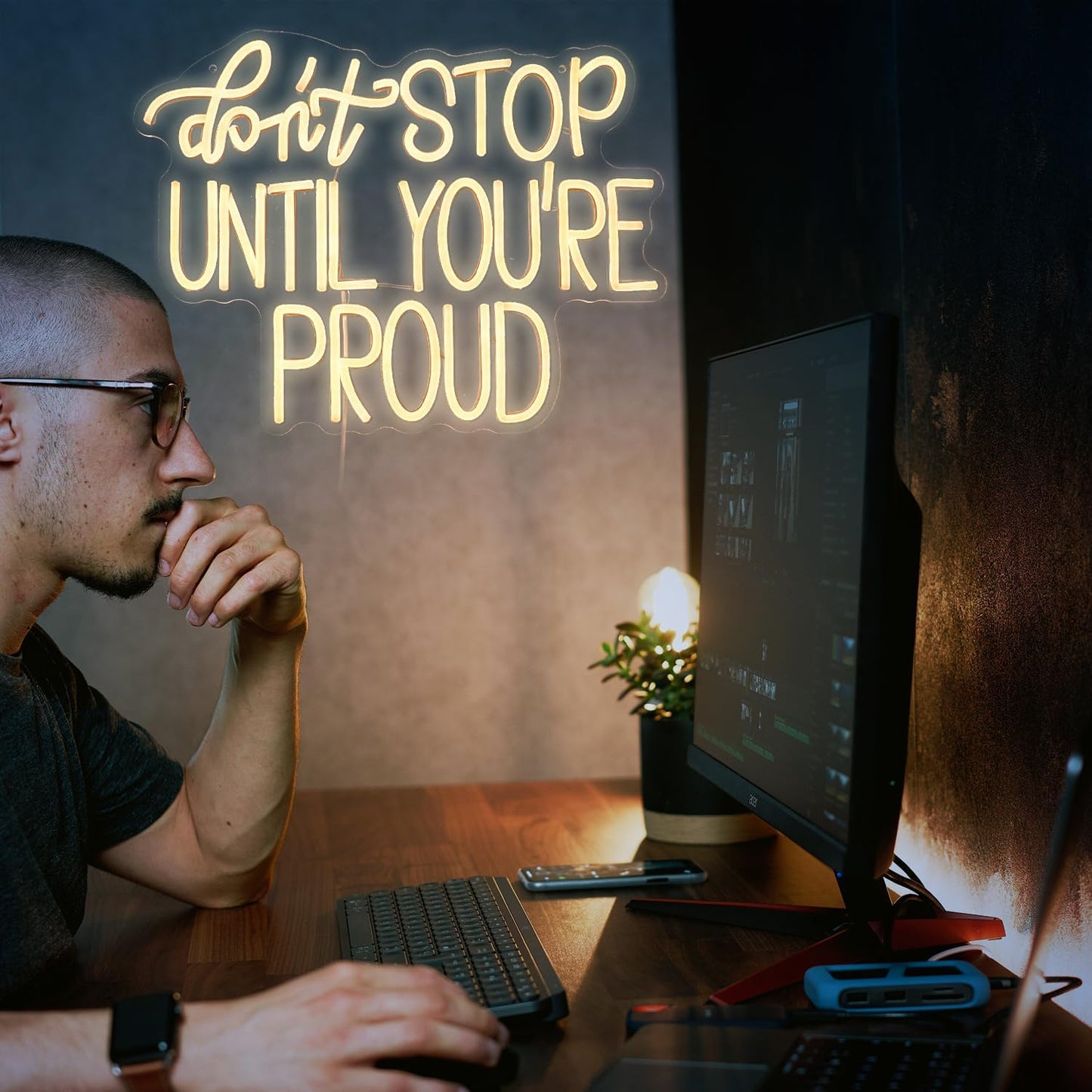 Don't Stop Until You Are Proud Neon Sign Warm White LED Neon Light Dimmable USB Powered Letters LED Light Signs for Bedroom Office Classroom Living Room(16.5 * 12.6In)