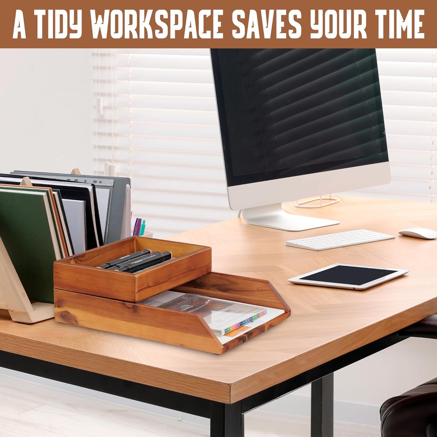 Demigo Desk Organizer Letter Tray Set of 2, Acacia Wood Tabletop Desktop for Storage Paper Letter Folders Notebooks Copy Print, Workspace Holder, Keep Stationery Saver (Brown)