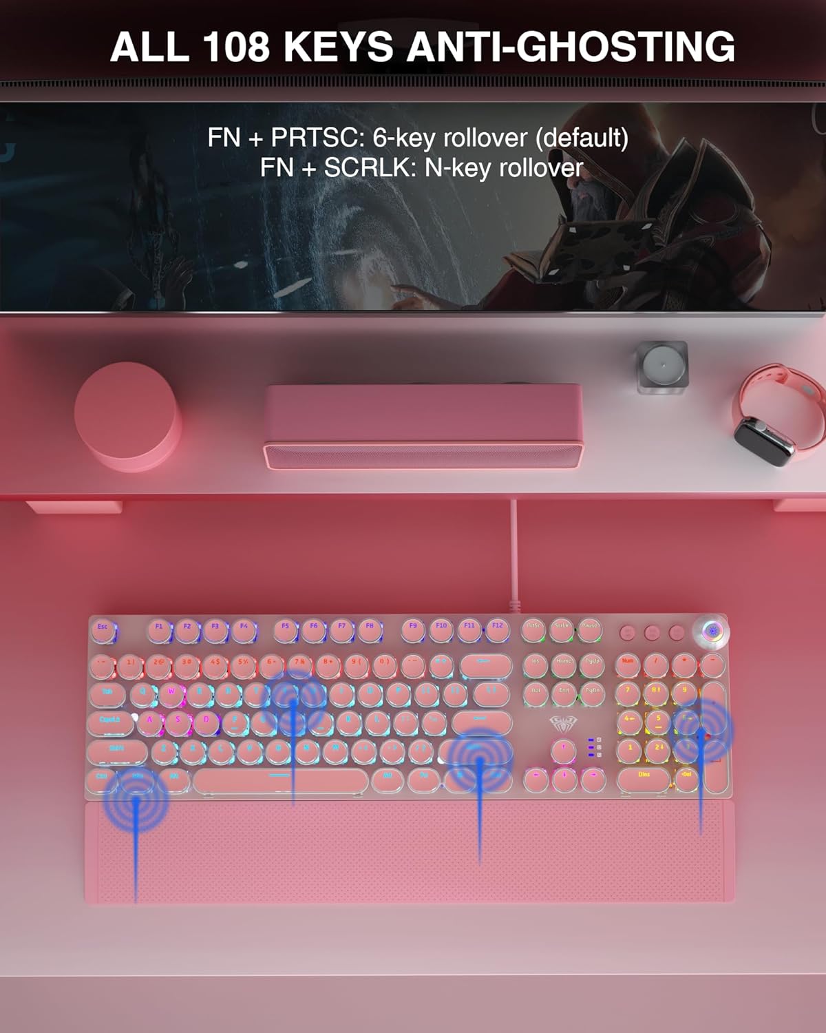 AULA F2088 Typewriter Style Mechanical Gaming Keyboard,Rainbow LED Backlit,Removable Wrist Rest,Media Control Knob,Retro Punk Round Keycaps,USB Wired Computer Keyboard,Pink