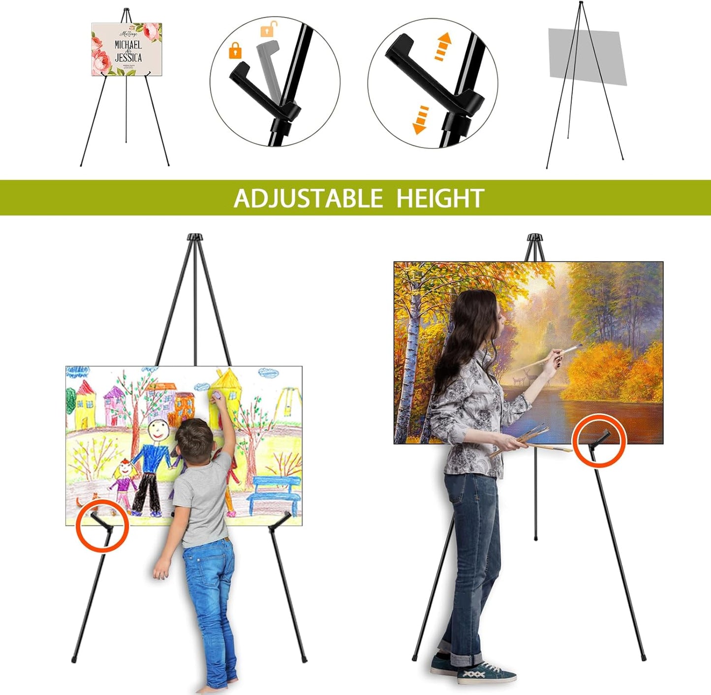 AROIC 63" Easel Stand for Display, 3 Pack Portable Foldable Metal Easel, Easels for Signs Wedding Logos,Arts, Painting,Adjustable Floor Easels with 3 Storage Bag